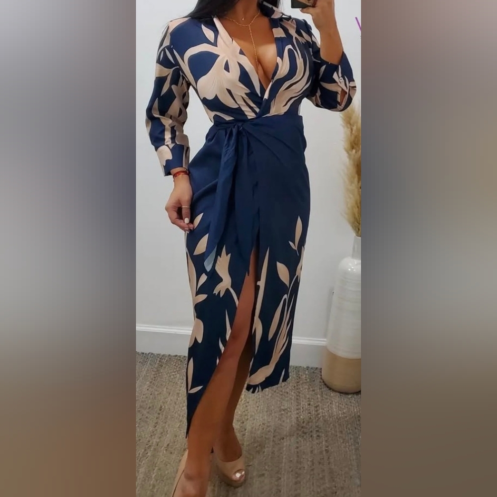 Tan Blue Midi Wrap Dress with Slit